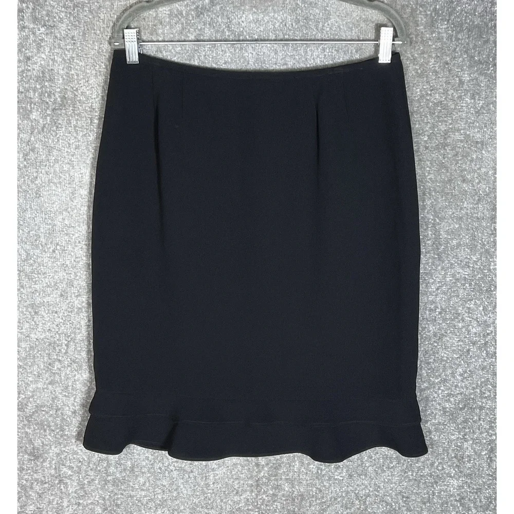 Kasper Petite Straight Midi Skirt Womens Size 12P Black Tiered Ruffle Hem Lined